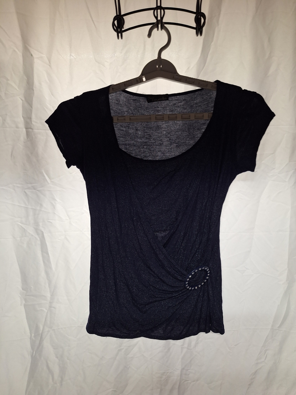 Purple Short-Sleeve Wrap Top with Decorative Ring